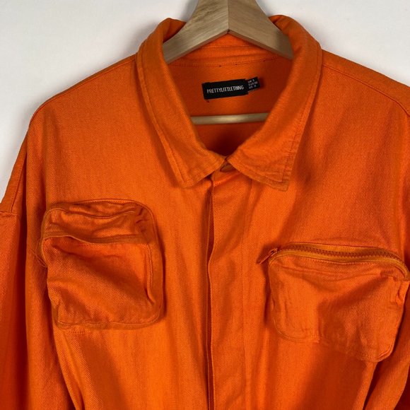 🦋PrettyLittleThing Denim Utility Orange Long Sleeve Belted Button Jacket 4 - Picture 4 of 7